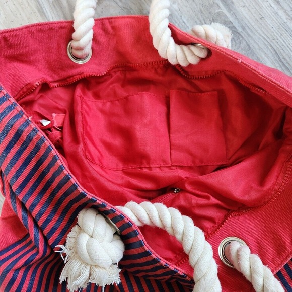 U.S. Polo Assn Cotton Red Logo Rope Handle Beach Shopper Weekend Travel Tote Bag - Picture 8 of 15